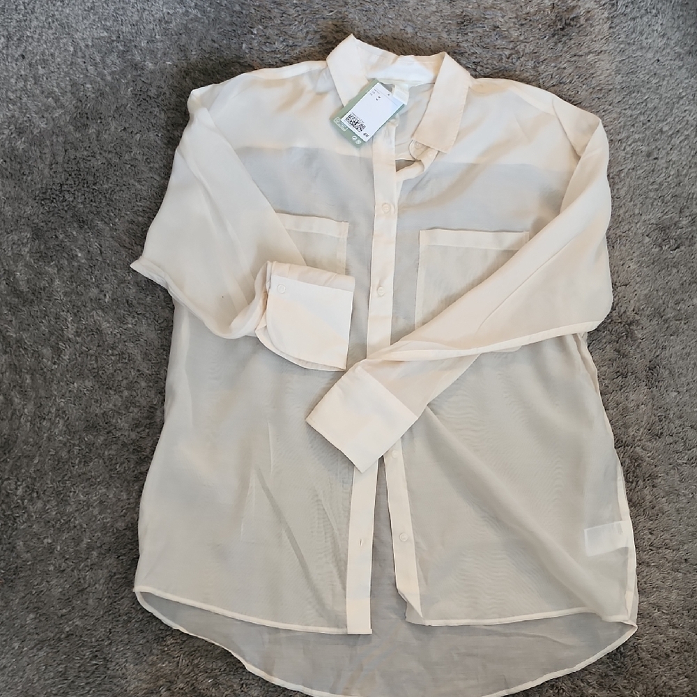 NWT H&M Light Cream Sheer Oversized Button-Up Shirt Size M